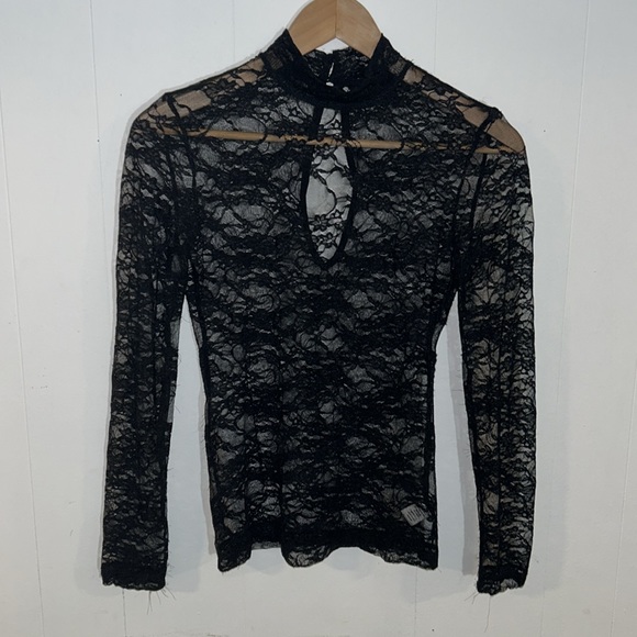 Nasty Gal Funnel Neck Lace Sheer Long Sleeve Top Keyhole Back with Button Detail - Picture 2 of 10